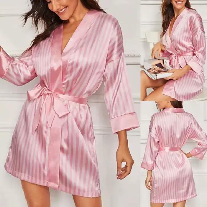 Robe de lingerie sexy pour femmes, satin rayé rose, courte, vêtements de nuit, peignoir, vêtements de maison, demoiselle d'honneur pour femmes, pyjama de fête