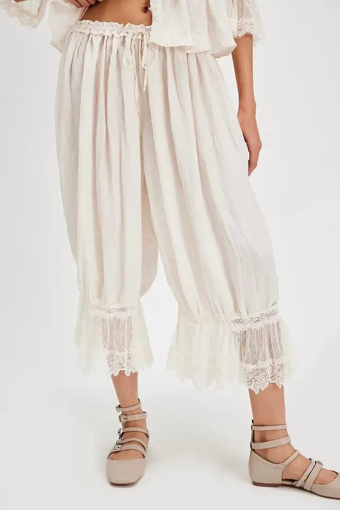 Pantalon Bloomers pour Femme Y2K avec Dentelle, Pantalon Vintage à Volants Mignon, Pantalon Long Coupe Citrouille, Bas de Pyjama Capri, Tenue Décontractée Streetwear