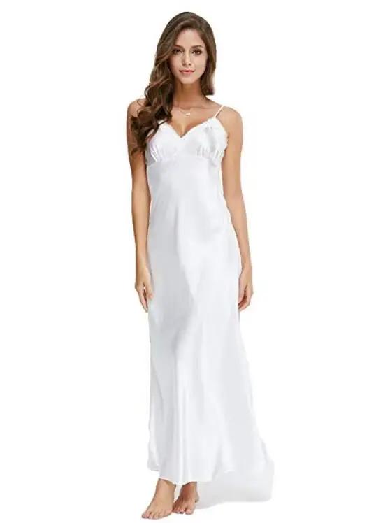 Robes de nuit en dentelle, col en v, blanc, cheville haute, bretelles Spaghetti, longues vêtements de nuit pour femmes, SLA501W