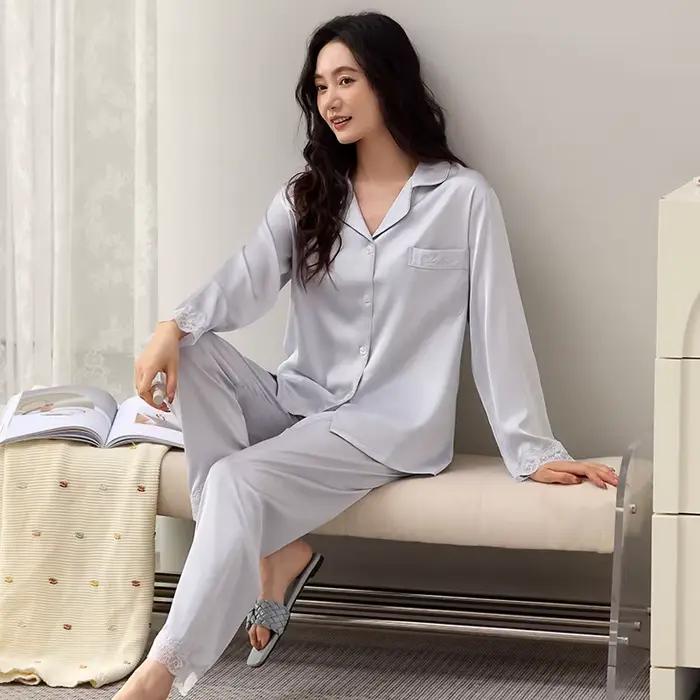 Ensemble de pyjamas pour femmes, printemps et automne, vêtements de maison en soie, pyjamas à col rabattu à manches longues pour femmes