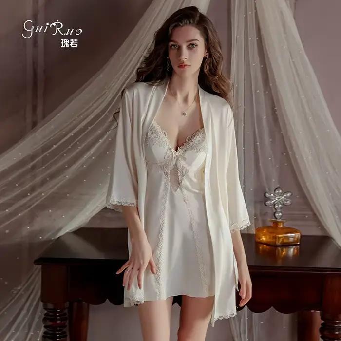 Tentation dentelle chemise de nuit Sexy femme nuisette & robe ensemble vêtements de détente Lingerie intime soie Satin peignoir vêtements de nuit été Homewear