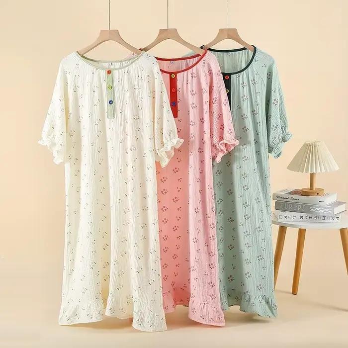 Chemise de nuit d'été en gaze crêpe, dentelle douce, manches courtes, ample, col rond, chemises de nuit pour femmes, vêtements de maison doux