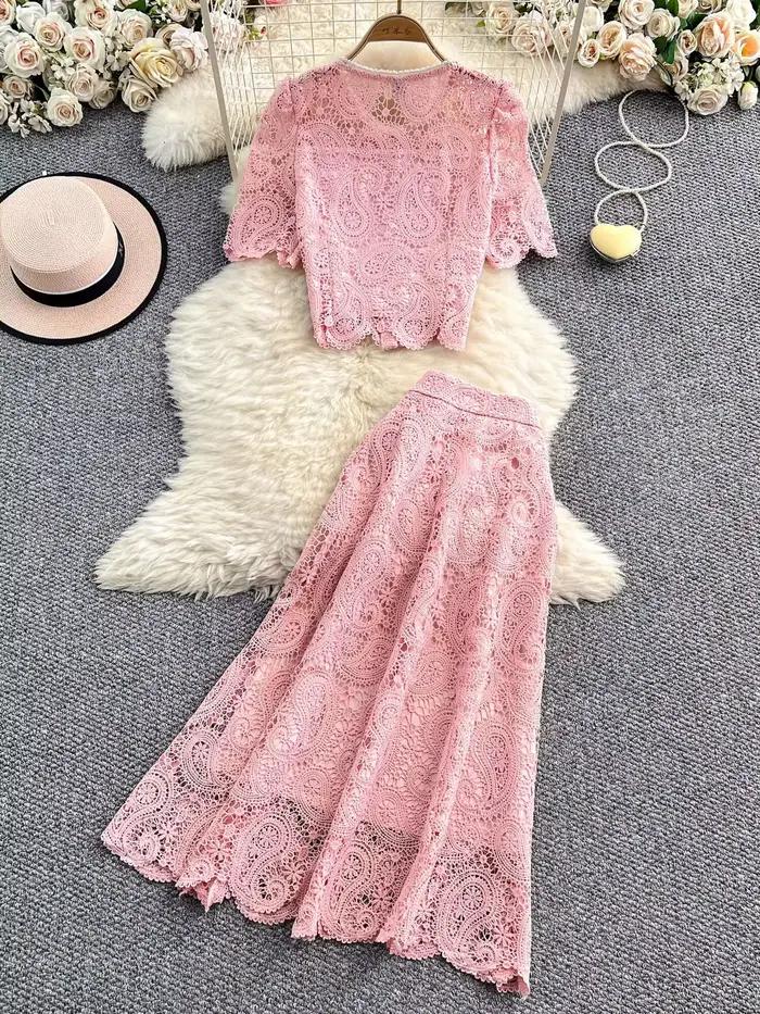 Robe longue élégante en perles pour femmes, ensemble 2 pièces, chemise en dentelle brodée de fleurs, manches courtes, jupe mi-longue trapèze, été