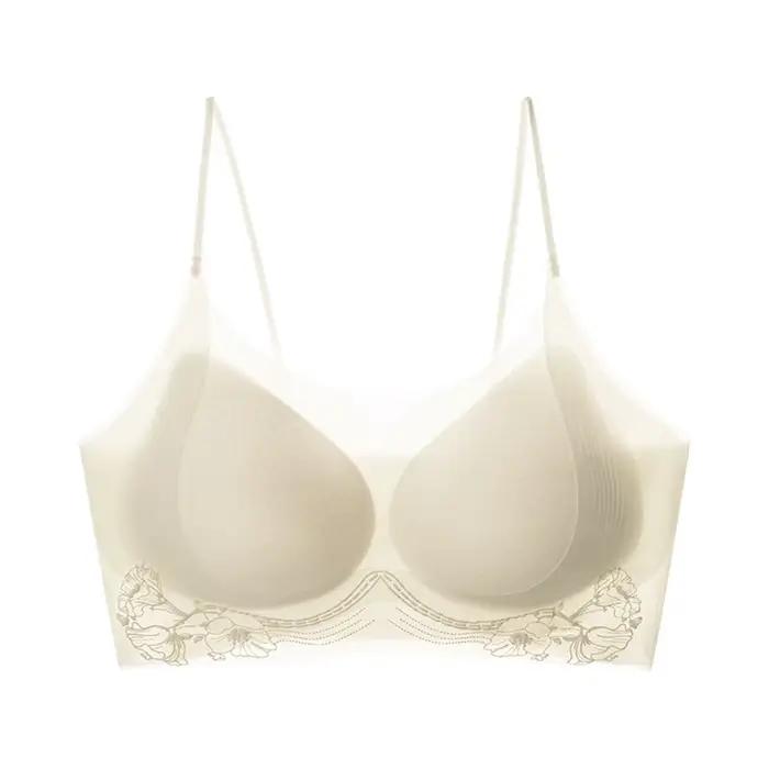 Soutien-gorge sans fil en soie glacée à motif camélia, décolleté plongeant, ajusté, pour femme, lingerie, antichoc, push-up