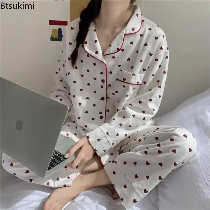 Pyjama doux grande taille pour femme, pantalon à manches longues, vêtements de maison, vêtements de nuit deux pièces, imprimé cœur de pêche, fouet senior, printemps, automne