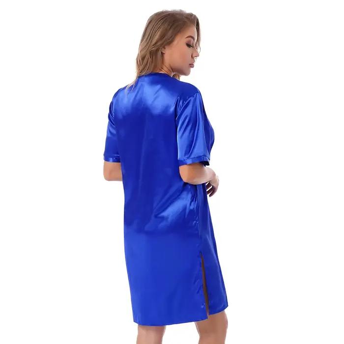 Femmes adultes pyjamas chemise de nuit vêtements de nuit col en V Satin chemise de nuit chemise Robes à manches courtes vêtements de détente côtés fendus vêtements de nuit