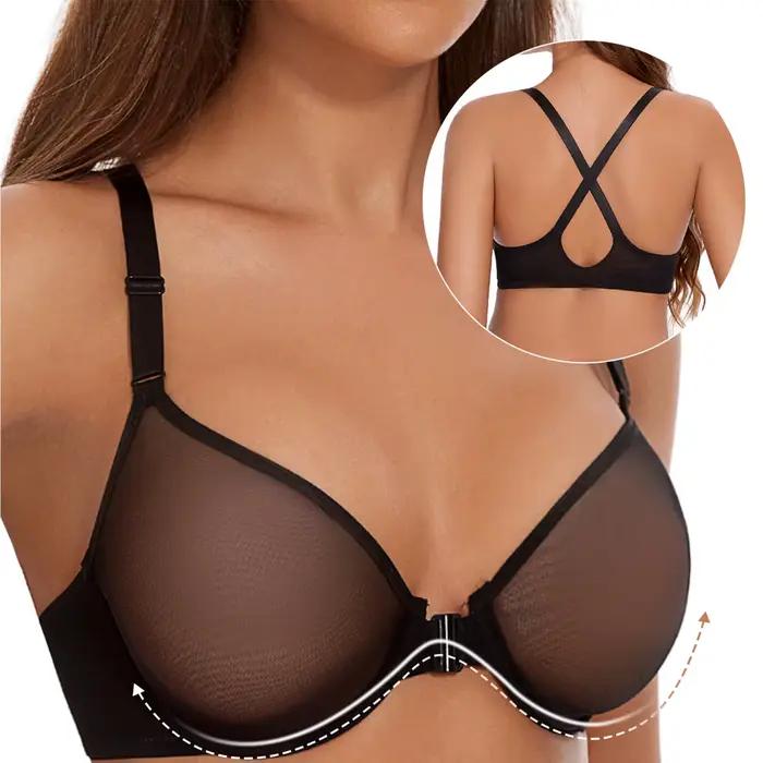Nový dámský ultra tenký krajkový podprsenka Sexy s předním zapínáním Průhledná průsvitná s kostice bez podšívky B C D E F 32 34 36 38 40 42 44