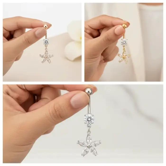 Piercing de nombril en alliage et strass, bicolore, motif fleur d'abricot brillante, design amovible et pendante