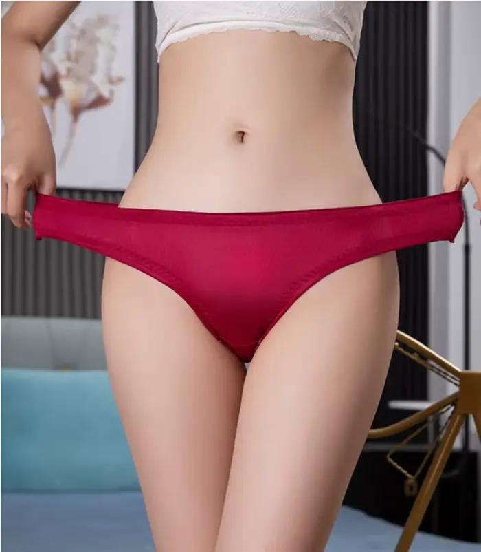 Culotte tanga sexy pour femmes, string séduisant, bord d'oreille en bois, tangas, string ultra fin, soie glacée, sous-vêtements invisibles