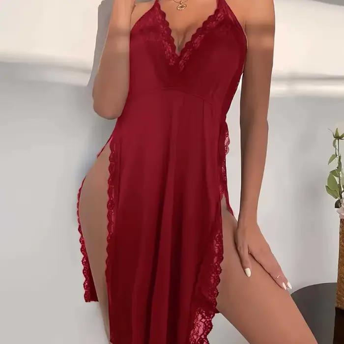 Chemise de nuit sexy dos nu imprimé léopard avec bordure en dentelle, robe de lingerie licou en V profond pour femmes, vêtements de nuit doux à fente latérale sexy chic
