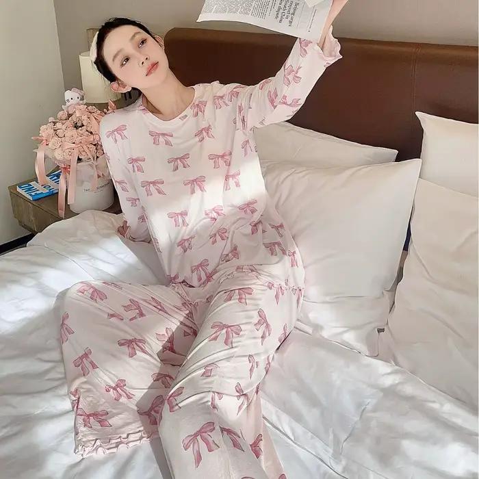 Pyjama confortable de style japonais en modal doux, ensemble de vêtements de nuit à manches longues/bretelles et pantalon, tenue d'intérieur avec imprimé nœud mignon