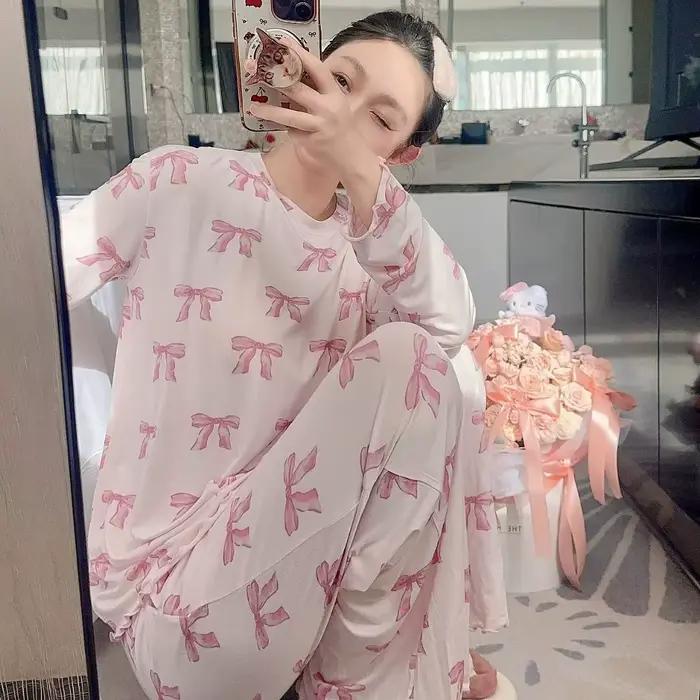 Pyjama confortable de style japonais en modal doux, ensemble de vêtements de nuit à manches longues/bretelles et pantalon, tenue d'intérieur avec imprimé nœud mignon