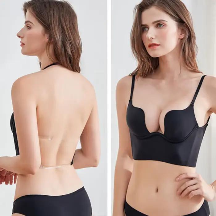 Soutien-Gorge Invisible avec Bretelles Transparentes pour Femme, Sous-Vêtement Sexy à Décolmétrage Plongeant en U Profond, Haut Dos aux, Lingerie de Mariage, Push Up