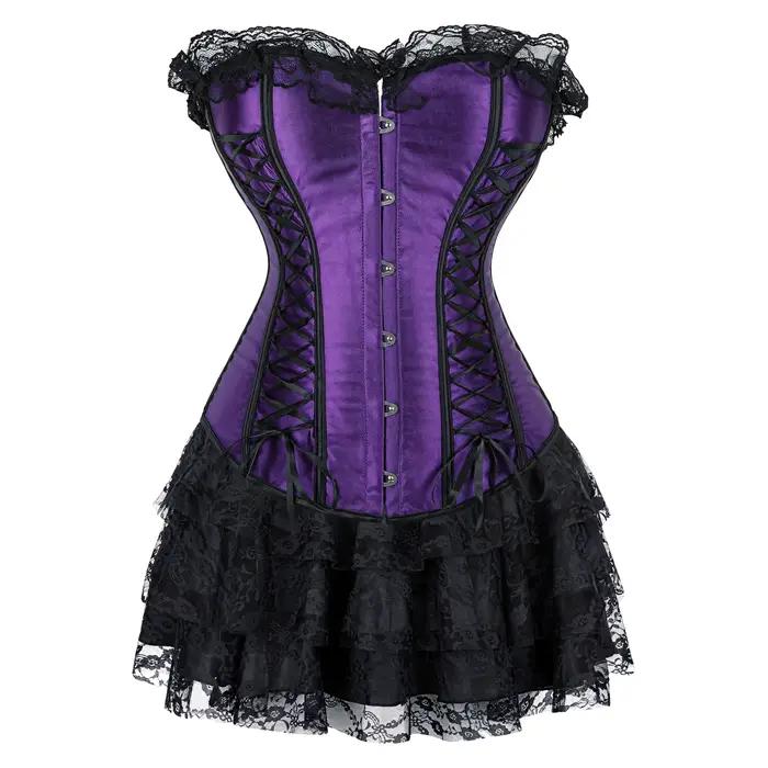 Robe Corset Gothique Sexy en Satin avec Lacets, Corset Steampunk avec Robe, Cosplay Club Violet
