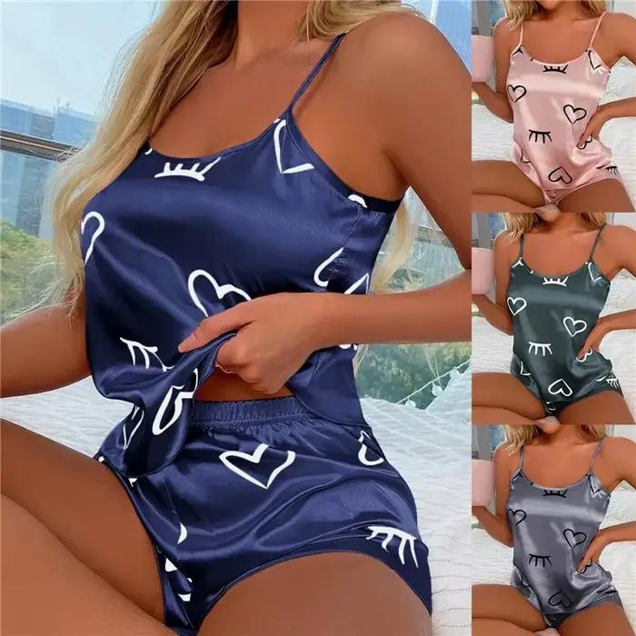 Femmes glace soie pyjamas vêtements de nuit pyjama ensemble Camisole Shorts L XL XXL gris rose coupe basse confortable décontracté été