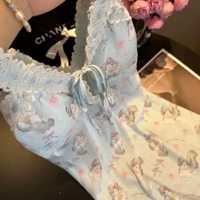 Nouvelle Arrivée Été : Robe de Nuit Courte en Soie Glacée pour Femme, Style Doux et Mignon, Imprimé Chat, Tenue d'Intérieur Décontractée