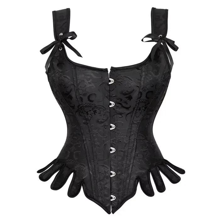 Corset Vintage avec Bretelles Initiées pour Femme, Bustier Overbust, Jacquard Noir et Bleu, Top Steampunk Médiéval