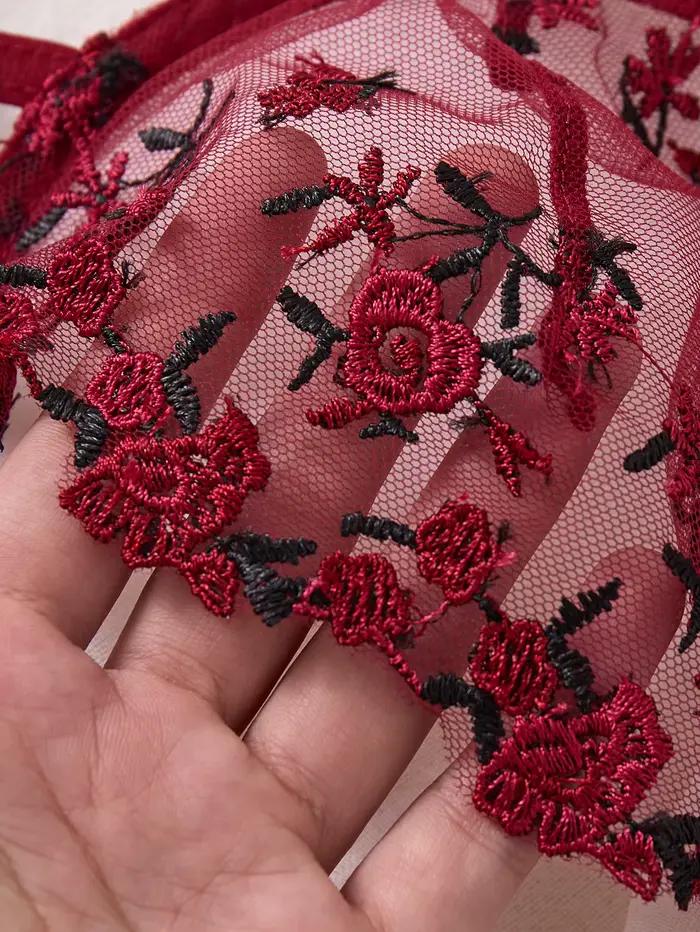 Ensemble de lingerie romantique brodé de roses rouge vin - soutien-gorge en résille transparente - lingerie érotique décontractée pour femmes ZA824026