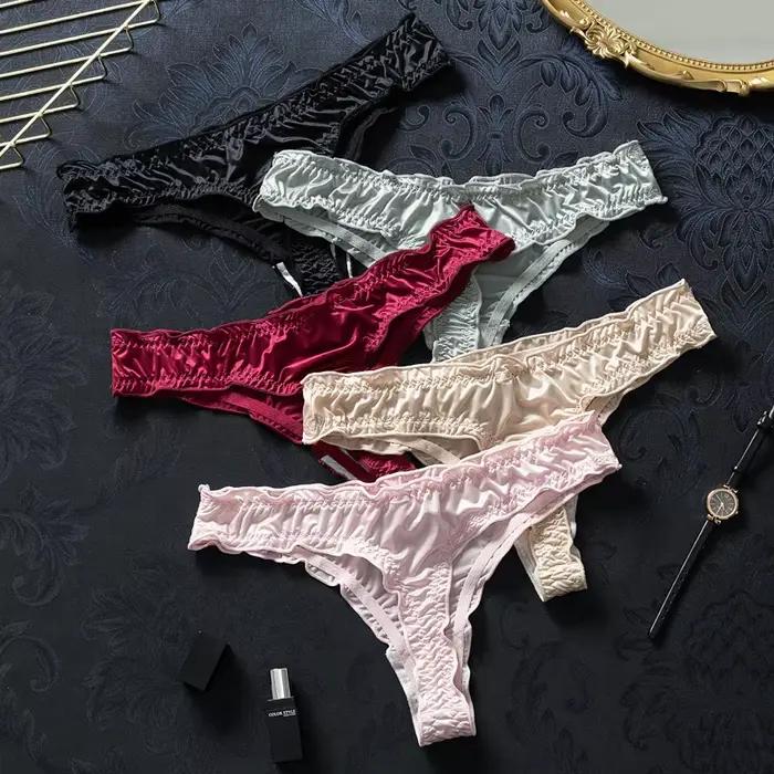 Culotte tanga sexy pour femmes, string séduisant, bord d'oreille en bois, tangas, string ultra fin, soie glacée, sous-vêtements invisibles