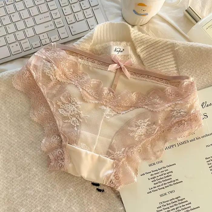Culottes intimes pour femmes en satin français taille basse, coupe triangle, avec nœud et dentelle, entrejambe en coton ajouré respirant