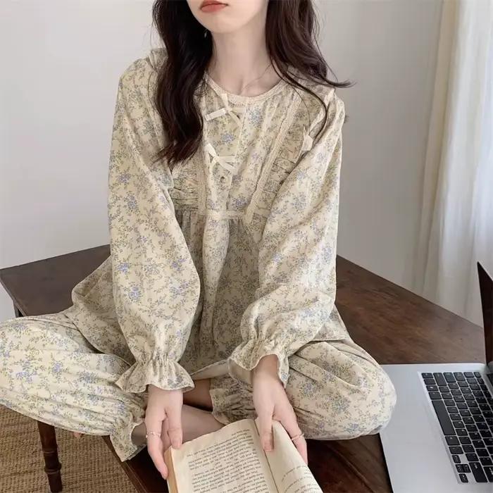 Pyjama grande taille pour femme, style jardin, tenue de nuit et d'intérieur, ensemble deux pièces, version coréenne avec nœud, manches longues pour l'extérieur