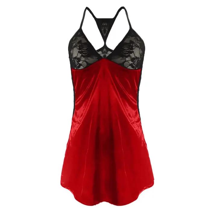 Satin soyeux Lingerie Sexy femme dentelle panneau Sexy dos nu chemise de nuit solide érotique tenues chaudes femme nuisette robe vêtements de nuit