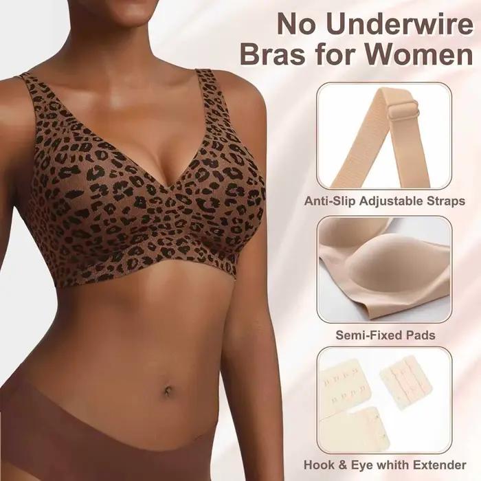 Soutien-gorge imprimé léopard pour femme, sans armatures, couvrance complète, bonnets fins avec maintien doux, tissu respirant, design élégant grande taille