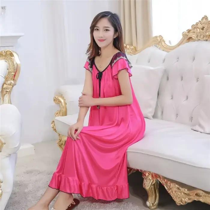 Chemise de nuit sexy femmes 2025 longue femme été vêtements de nuit courts faux satin arc chemise de nuit col rond vêtements de nuit pour dames nuisette