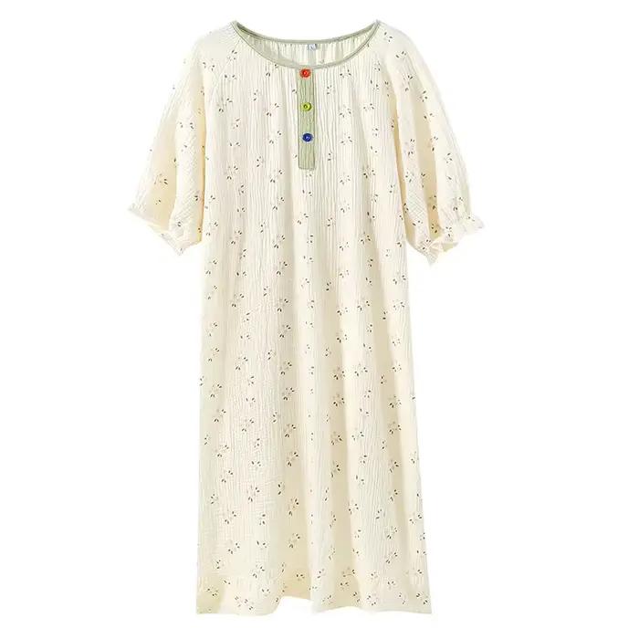 Chemise de nuit d'été en gaze crêpe, dentelle douce, manches courtes, ample, col rond, chemises de nuit pour femmes, vêtements de maison doux