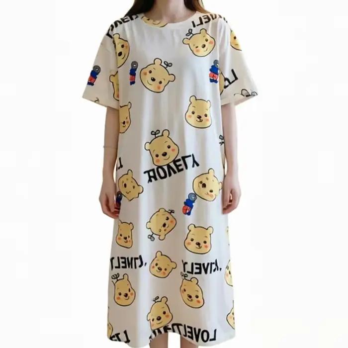 Chemise de nuit pour femmes, version coréenne, vêtements d'intérieur pour filles, style doux, motif dessin animé mignon, pyjama ample et léger, Kawaii, respirant et décontracté
