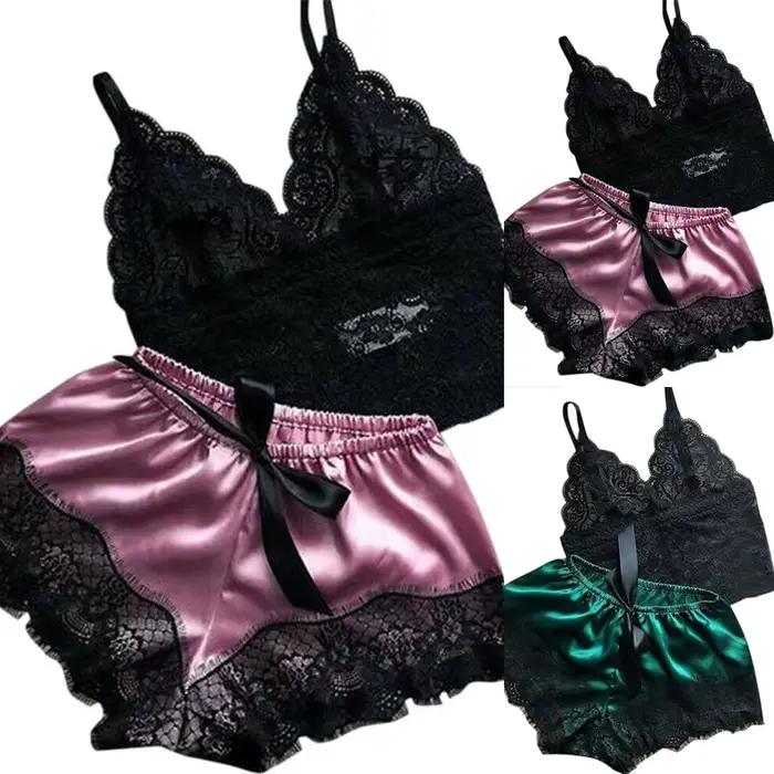 2 pièces femmes déshabillé en dentelle Lingerie hauts ensemble short et haut nuisette pyjamas décontractés vêtements de nuit