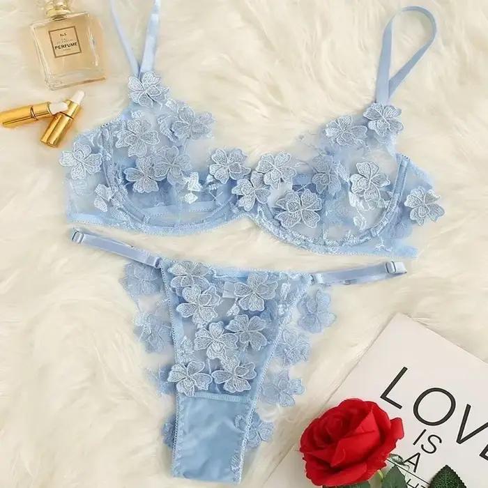 Toucheart-Ensemble de lingerie sexy transparente pour femme, soutien-gorge en dentelle brodée, applique de fleurs, maille douce féminine, kit de lingerie transparente
