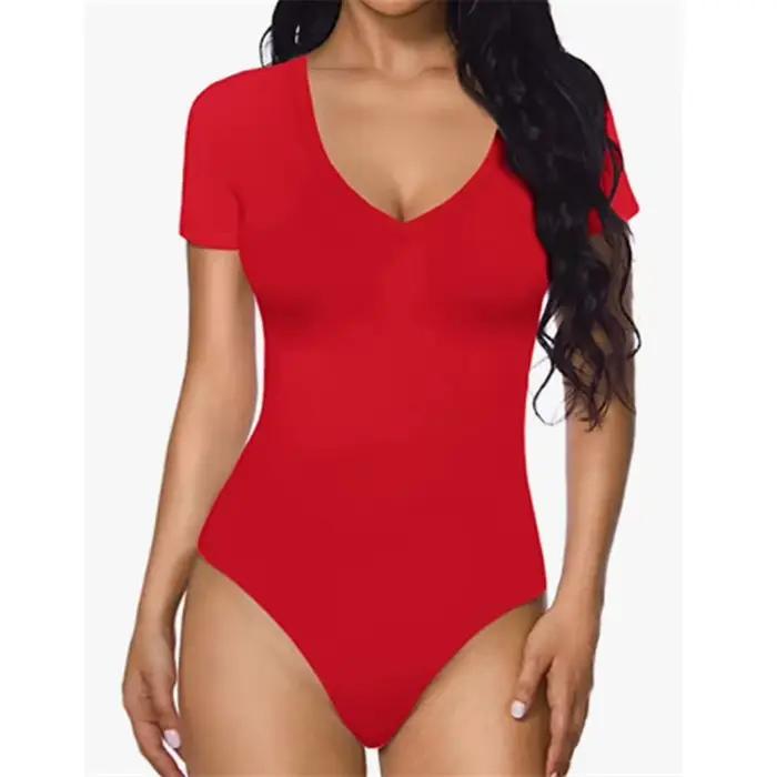 Combinaison moulante à manches courtes et col en V pour femmes, barboteuses sexy, body shapers, costume de batterie, salopette, nouveau, 2024