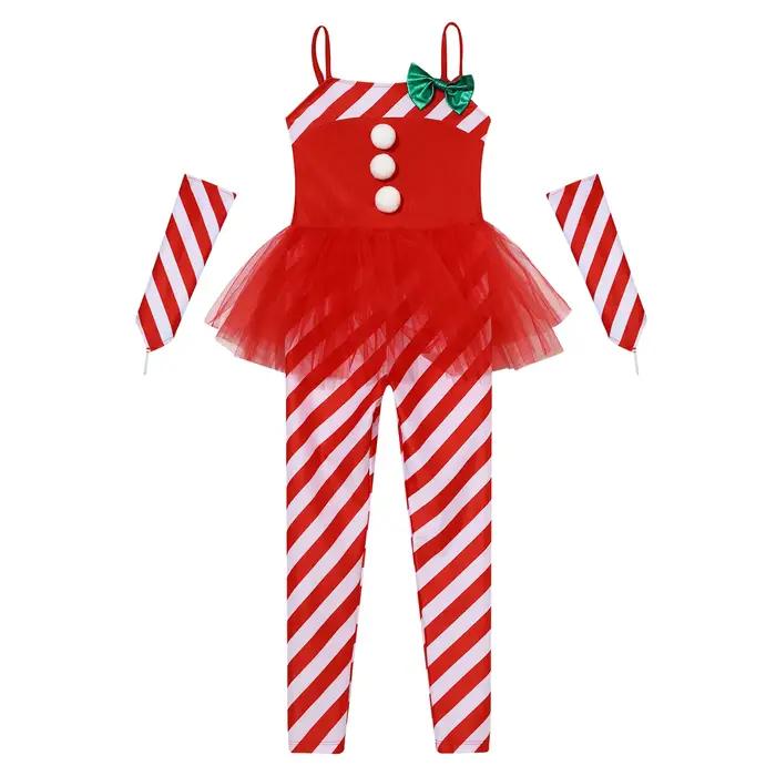 Costume de batterie de danse de Noël Candy Cane pour fille, Unitard Tulle Peplum, costume de père Noël, vêtements de danse, combinaison de batterie, vacances de Noël, enfant