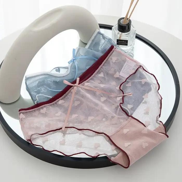 Culotte en dentelle transparente et Sexy pour femme, culotte taille basse, avec ruban, sous-vêtement féminin, L-XL