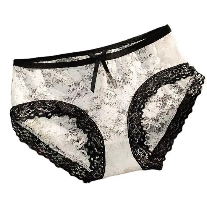 Lingerie transparente à fleurs pour femmes, culotte taille moyenne en maille et dentelle, slip, sous-vêtements coréens