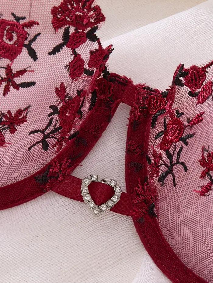 Ensemble de lingerie romantique brodé de roses rouge vin - soutien-gorge en résille transparente - lingerie érotique décontractée pour femmes ZA824026