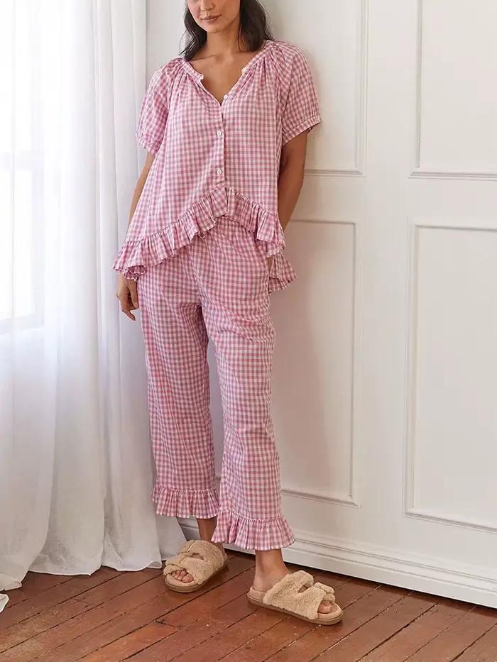 Pyjama à carreaux à manches bouffantes sur le devant pour femmes, chemise nuisette, pantalon vichy, ensemble de salon PJ, vêtements de nuit, Y2K, 2 pièces