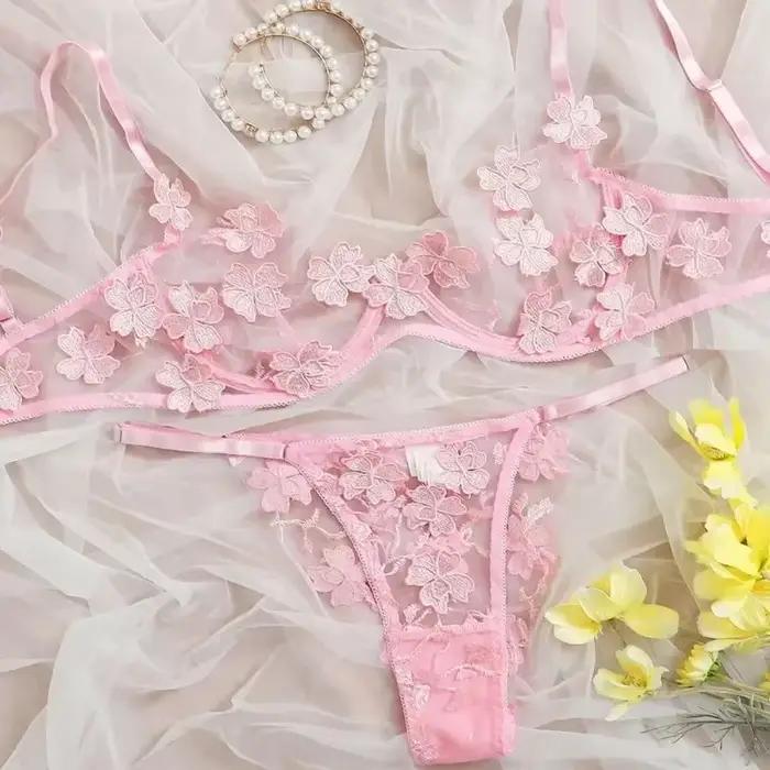 Toucheart-Ensemble de lingerie sexy transparente pour femme, soutien-gorge en dentelle brodée, applique de fleurs, maille douce féminine, kit de lingerie transparente