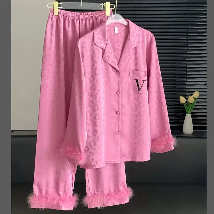 Pyjama imprimé léopard imbibé pour femme, vêtements de nuit à manches longues, chemise et pantalon de luxe, vêtements de détente pour la maison, été, nouveau, 2 pièces, 2025