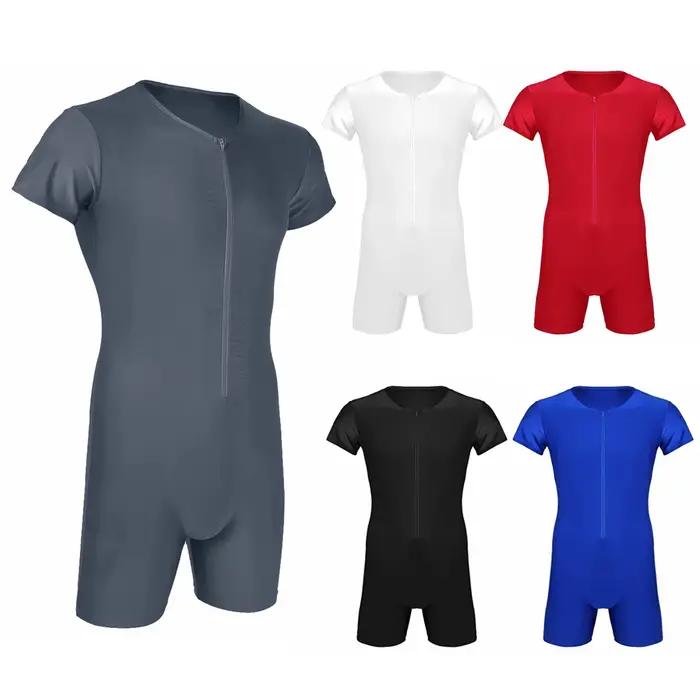 Pyjama une pièce pour hommes, sous-vêtements, combinaison justaucorps, manches courtes, fermeture éclair sur le devant, Boxer élastique doux, slip, body, maillots de bain