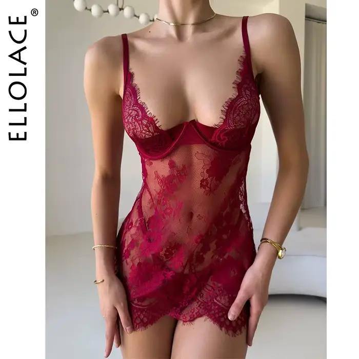 Ellolace Robes décontractées séduisantes pour femmes, mini-robe tentante à décolleté plongeant, string, ensemble 2 pièces, lingerie en dentelle transparente, robe de nuit sexy et sensuelle