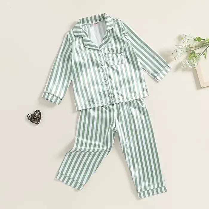 Ensemble de pyjamas en satin pour enfants, vêtements de nuit moulants, chemises à manches longues imprimées à rayures, pantalons longs en Y, salon, automne, filles, garçons, 2 pièces