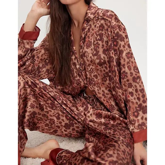 Ensemble pyjama 2 pièces en Satin de soie pour femmes, motif Floral, ample, jambes larges, pantalon de nuit avec chemises boutonnées à manches longues
