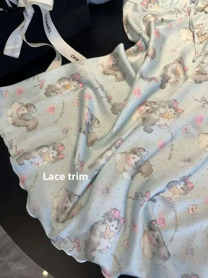 Nouvelle Arrivée Été : Robe de Nuit Courte en Soie Glacée pour Femme, Style Doux et Mignon, Imprimé Chat, Tenue d'Intérieur Décontractée