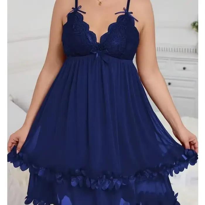 Chemise de nuit sexy en dentelle grande taille, col en V, en maille transparente, vêtements de nuit pour femmes, confortables, respirants, décontractés, pour la maison