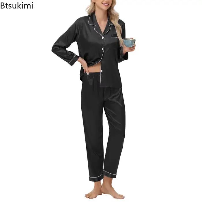 Ensemble de pyjamas pour femmes, texture satinée douce et unie, tombé soyeux, manches longues et pantalon, vêtements de maison pour dormir et se détendre