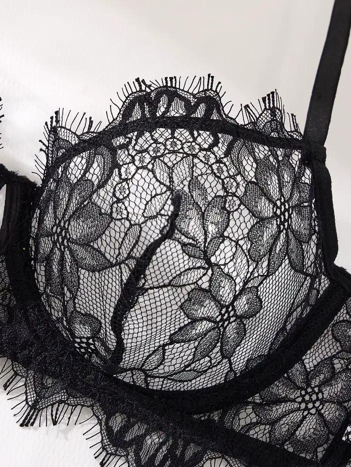 Ensemble de soutien-gorge et slip en dentelle noire pour femmes, sous-vêtements transparents romantiques et Sexy avec fleurs, Lingerie érotique transparente