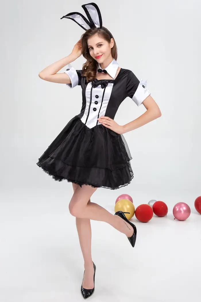 Costume de cosplay de lapine noire et blanche pour femme 2026 – Tenue de performance pour soirée, boîte de nuit, spectacle sur scène – Vente en gros de costumes à thème
