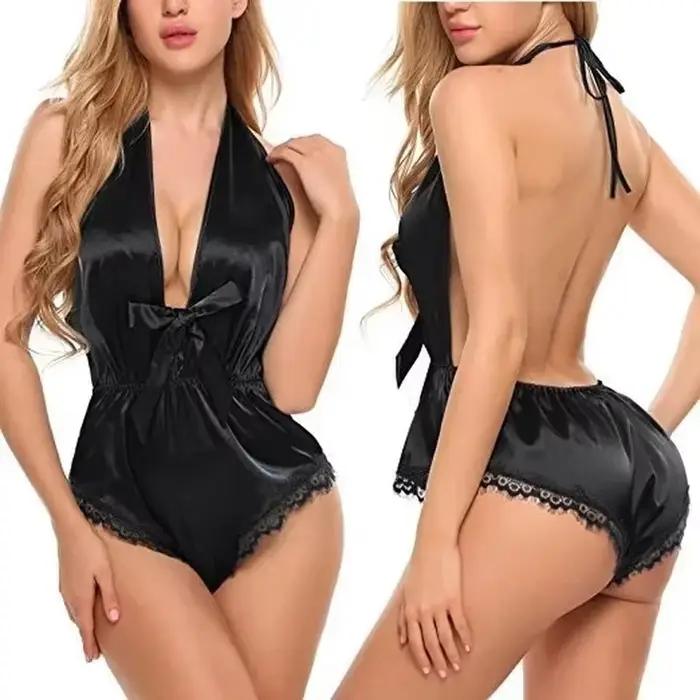 Ensemble de vêtements de nuit pour femmes, col en v profond, body ouvert en dentelle, Lingerie Sexy en Satin, vêtements de nuit lisses semblables à la soie